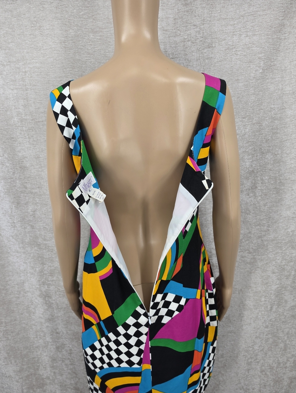 Vintage 80s Colorful Checkered Geometric Print Sleeveless Sheath Midi Dress - Picture 5 of 14